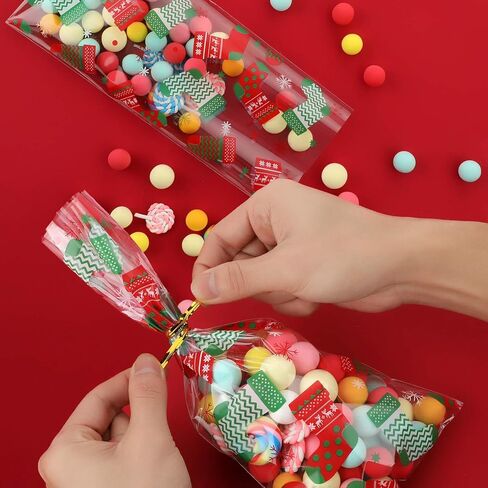 Outus 105 Pieces Christmas Cellophane Bags with 200 Pieces Twist Ties 7 Styles Christmas Treat Cookie Candy Bags for Xmas Holidays Party Favor Supplies in Saudi Arabia
