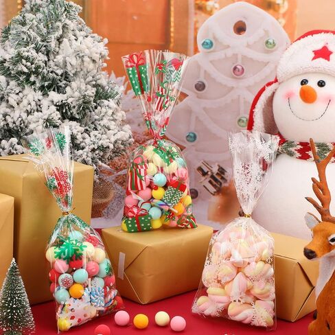 Outus 105 Pieces Christmas Cellophane Bags with 200 Pieces Twist Ties 7 Styles Christmas Treat Cookie Candy Bags for Xmas Holidays Party Favor Supplies in Saudi Arabia