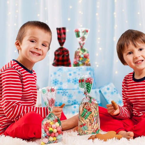 Outus 105 Pieces Christmas Cellophane Bags with 200 Pieces Twist Ties 7 Styles Christmas Treat Cookie Candy Bags for Xmas Holidays Party Favor Supplies in Saudi Arabia