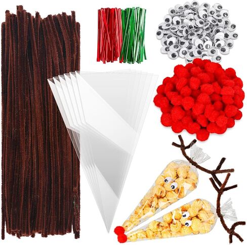 Whaline 500Pcs Christmas Cone Cellophane Bags Xmas Cone Candy Treat Bags with Pipe Cleaners Red Pompom Balls and Wiggle Eyes with 100Pcs Twist Tie Clear Popcorn Cone Bags Kit for Christmas Party in Saudi Arabia