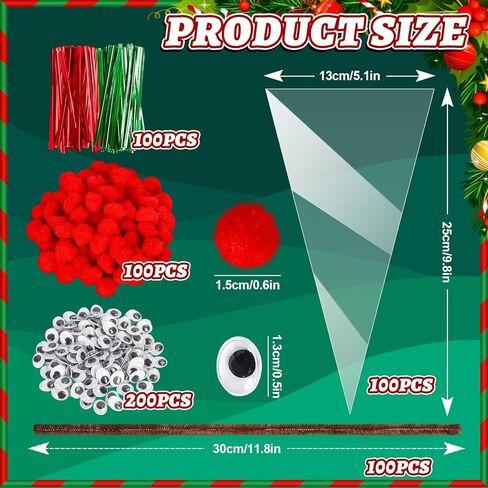 Whaline 500Pcs Christmas Cone Cellophane Bags Xmas Cone Candy Treat Bags with Pipe Cleaners Red Pompom Balls and Wiggle Eyes with 100Pcs Twist Tie Clear Popcorn Cone Bags Kit for Christmas Party in Saudi Arabia