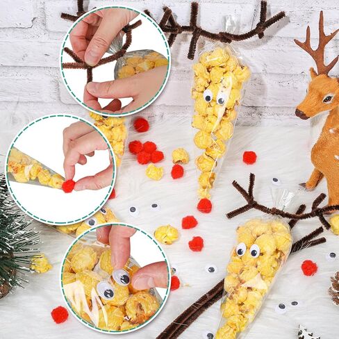 Whaline 500Pcs Christmas Cone Cellophane Bags Xmas Cone Candy Treat Bags with Pipe Cleaners Red Pompom Balls and Wiggle Eyes with 100Pcs Twist Tie Clear Popcorn Cone Bags Kit for Christmas Party in Saudi Arabia