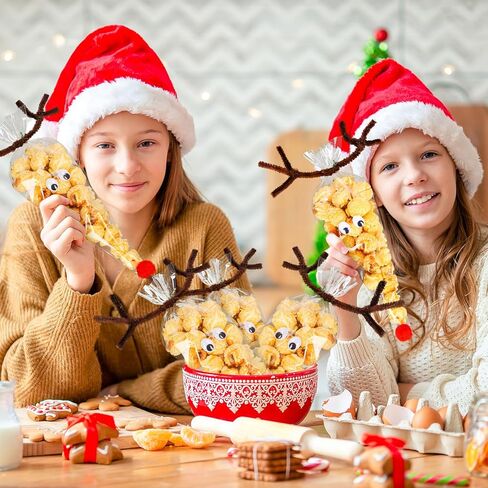 Whaline 500Pcs Christmas Cone Cellophane Bags Xmas Cone Candy Treat Bags with Pipe Cleaners Red Pompom Balls and Wiggle Eyes with 100Pcs Twist Tie Clear Popcorn Cone Bags Kit for Christmas Party in Saudi Arabia