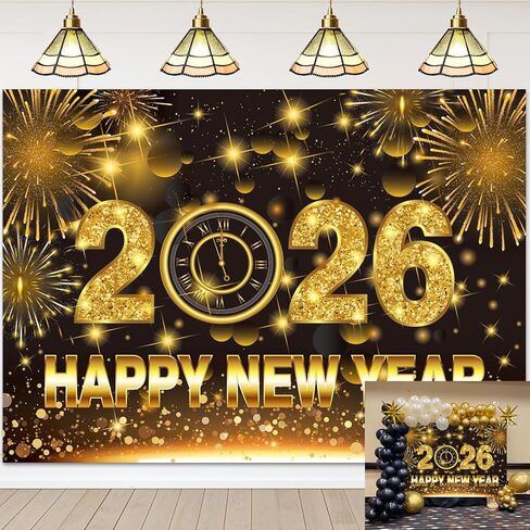 Happy New Year Banner Backdrop 7x5FT 2026 Black and Gold Glitter New Year Background for Photography Fireworks New Years Eve Party Decorations Supplies Photo Props in Saudi Arabia