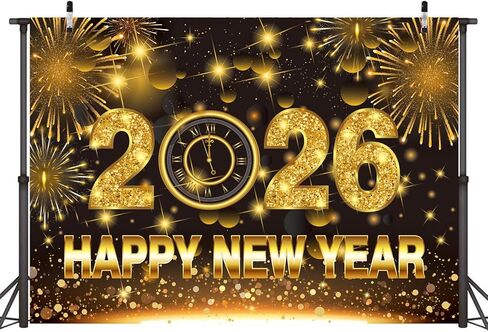 Happy New Year Banner Backdrop 7x5FT 2026 Black and Gold Glitter New Year Background for Photography Fireworks New Years Eve Party Decorations Supplies Photo Props in Saudi Arabia