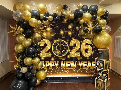 Happy New Year Banner Backdrop 7x5FT 2026 Black and Gold Glitter New Year Background for Photography Fireworks New Years Eve Party Decorations Supplies Photo Props in Saudi Arabia