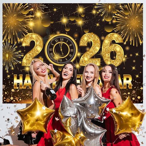 Happy New Year Banner Backdrop 7x5FT 2026 Black and Gold Glitter New Year Background for Photography Fireworks New Years Eve Party Decorations Supplies Photo Props in Saudi Arabia