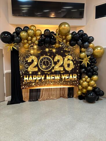 Happy New Year Banner Backdrop 7x5FT 2026 Black and Gold Glitter New Year Background for Photography Fireworks New Years Eve Party Decorations Supplies Photo Props in Saudi Arabia