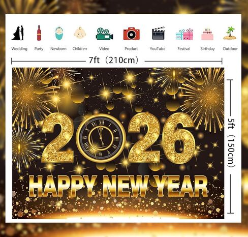 Happy New Year Banner Backdrop 7x5FT 2026 Black and Gold Glitter New Year Background for Photography Fireworks New Years Eve Party Decorations Supplies Photo Props in Saudi Arabia