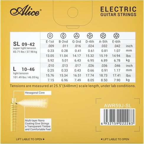 Alice Coated Electric Guitar Strings with Alloy Steel Winding - Gold Polished for Smooth Feel and Warm, Bright Tone, Ball End with String Label - Easy to Install (Super Light, 09-42) in Saudi Arabia