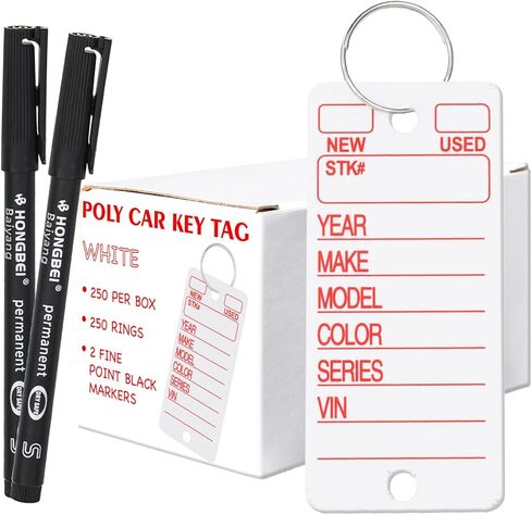 Poly Car Key Tags 250 Pcs with 250 Rings and 2 Fine Markers - White | Durable Plastic Key Tags Writable for Automotive Supplies, Keychain Labels for Dealerships in Saudi Arabia
