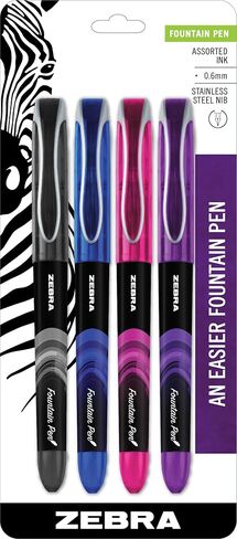 Zebra Pen Fountain Pen Set, Fine Point 0.6mm, Assorted Colors Non-Toxic Ink, Stainless Steel Nib, Disposable, 4-Pack (48304), Black, Pink, Purple, Blue in Saudi Arabia