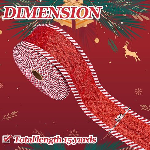 Whaline Christmas Wired Edge Ribbon Red Glitter Peppermint Candy Stripe Fabric Craft Ribbon for Xmas Tree Bow Wreath Gift Wrap Holiday Party Home Decor, 2.5 Inch, 15 Yards in Saudi Arabia