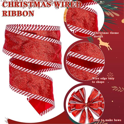 Whaline Christmas Wired Edge Ribbon Red Glitter Peppermint Candy Stripe Fabric Craft Ribbon for Xmas Tree Bow Wreath Gift Wrap Holiday Party Home Decor, 2.5 Inch, 15 Yards in Saudi Arabia