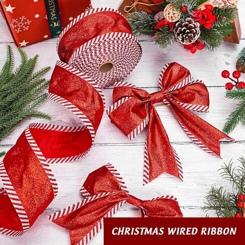 Whaline Christmas Wired Edge Ribbon Red Glitter Peppermint Candy Stripe Fabric Craft Ribbon for Xmas Tree Bow Wreath Gift Wrap Holiday Party Home Decor, 2.5 Inch, 15 Yards in Saudi Arabia