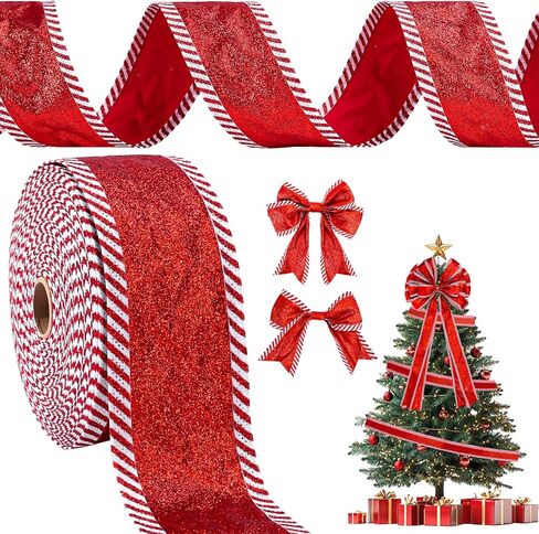 Whaline Christmas Wired Edge Ribbon Red Glitter Peppermint Candy Stripe Fabric Craft Ribbon for Xmas Tree Bow Wreath Gift Wrap Holiday Party Home Decor, 2.5 Inch, 15 Yards in Saudi Arabia