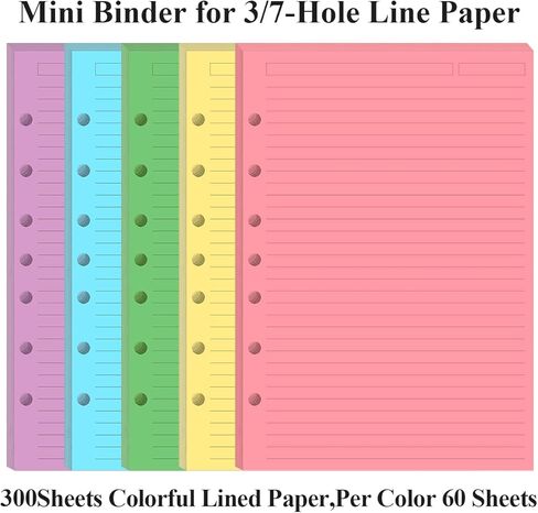 (3-Pack) Mini Binder 5 Colorful Line Paper for 3 or 7 Ring Binders - 300 Sheets/600 Pages Loose Leaf Paper Line Refills, Per Color 60 Sheets, Desk Size 4, 5.8" x 8.5" in Saudi Arabia