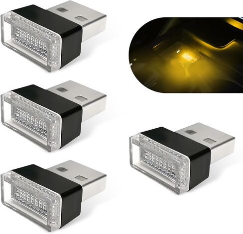4 قطع مصباح LED USB صغير، مصباح ديكور USB إضافي، مصباح محمول لجو السيارة، مصابيح داخلية للسيارة، إضاءة محيطة لتزيين السيارة، عالمية لمعظم ملحقات السيارات (أصفر) in Saudi Arabia