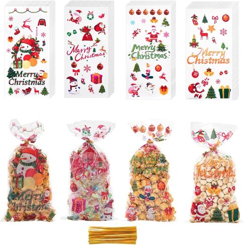 KIMIONE Christmas Treat Bags, 100PCS Xmas Cellophane Treat Bags with 110pcs Ties, Xmas Clear Candy Cookie Goodie Cello Gift Bags for Winter Xmas Theme Party Favors in Saudi Arabia