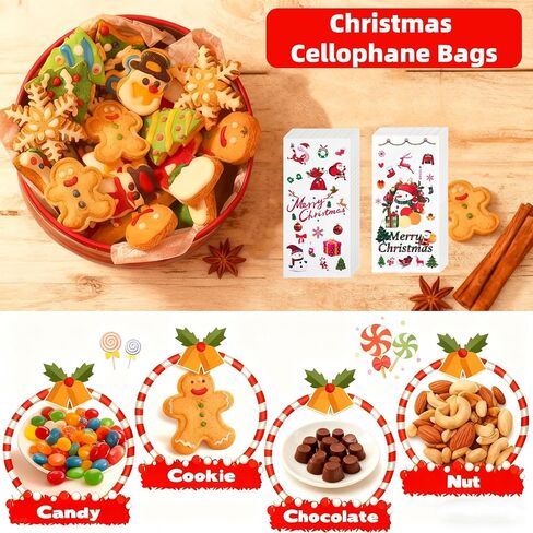 KIMIONE Christmas Treat Bags, 100PCS Xmas Cellophane Treat Bags with 110pcs Ties, Xmas Clear Candy Cookie Goodie Cello Gift Bags for Winter Xmas Theme Party Favors in Saudi Arabia