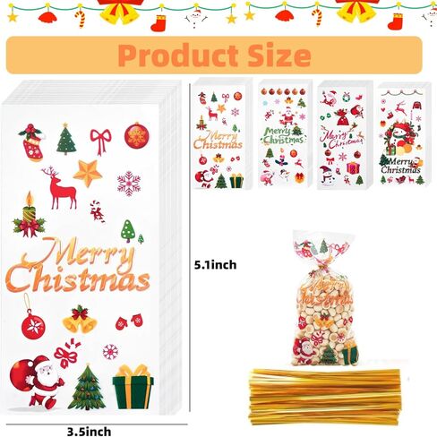 KIMIONE Christmas Treat Bags, 100PCS Xmas Cellophane Treat Bags with 110pcs Ties, Xmas Clear Candy Cookie Goodie Cello Gift Bags for Winter Xmas Theme Party Favors in Saudi Arabia