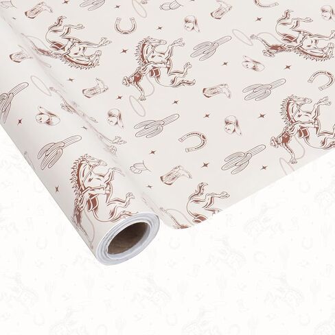 FISHLONO Western Cowboy Wrapping Paper Roll – Brown Gift Wrap with Cowboy Wild Horses, Boots, Hat and Cactus Design, Mini Roll 17 Inch x 32.8 Feet (46.45 sq.ft.), Birthday, Baby Shower, DIY Crafts in Saudi Arabia