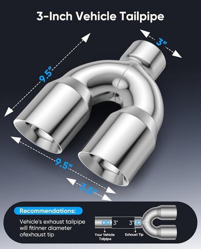 2.5" Dual Exhaust Tip,2.5 Inch Inlet 3.5 inch outlet 9.5" Long Tail Pipe, Double Wall Polished Stainless Steel Exhaust Tip, Car Tailpipe 2pack in Kuwait