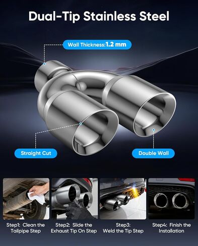 2.5" Dual Exhaust Tip,2.5 Inch Inlet 3.5 inch outlet 9.5" Long Tail Pipe, Double Wall Polished Stainless Steel Exhaust Tip, Car Tailpipe 2pack in Kuwait