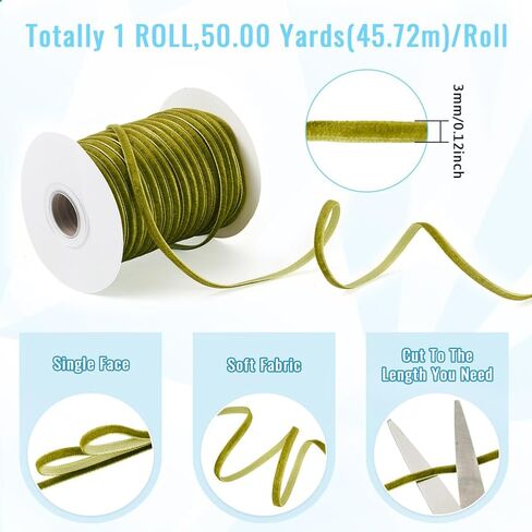 50 Yards/Roll Olive Single Face Velvet Ribbons Flat 3mm (0.12inch) with Spool for Gift Packing Wedding Decoration DIY Crafts Christmas Wreath Party Decoration Hair Bow Making in Saudi Arabia