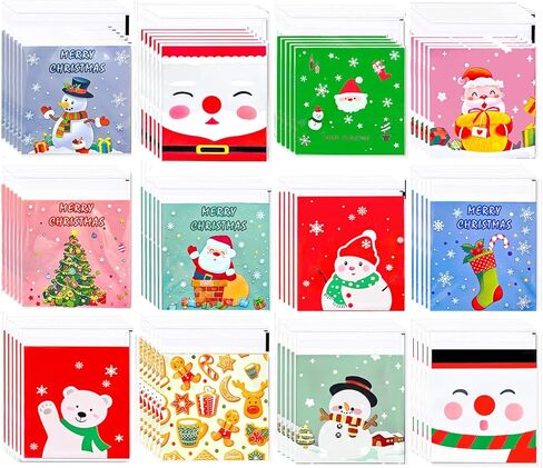 UTOYSOV 550 PCS Christmas Candy Bags,12 Styles Self Adhesive Trick Candy Bag, Clear Treat Cookie Bags for Party Gift Supplies, Cellophane Christmas Goodie Bag in Saudi Arabia