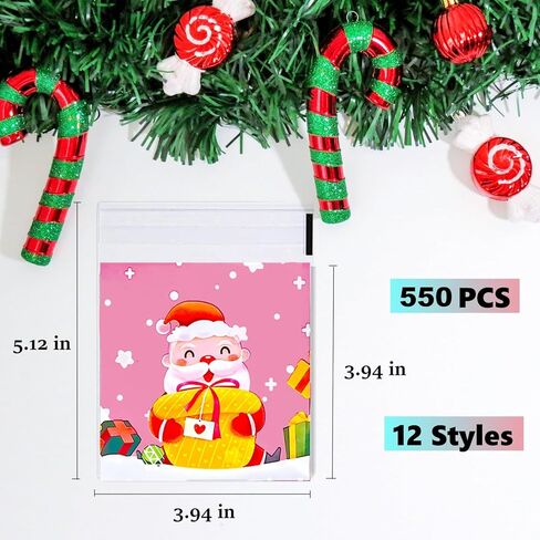 UTOYSOV 550 PCS Christmas Candy Bags,12 Styles Self Adhesive Trick Candy Bag, Clear Treat Cookie Bags for Party Gift Supplies, Cellophane Christmas Goodie Bag in Saudi Arabia