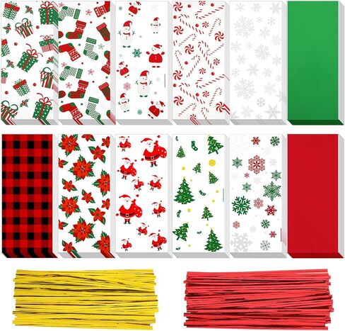 Outus 180 Pcs Christmas Cellophane Bags Candy Cookies Treat Bags Christmas Trees Santa Buffalo Plaid Snowflake Cello Gifts Bags with 200 Counts Twist Ties for Xmas Theme Party Supplies, 12 Styles in Saudi Arabia
