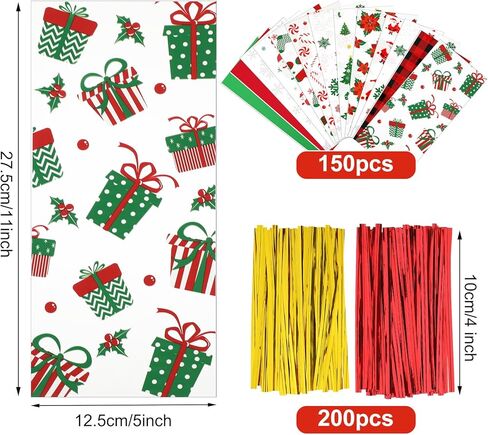 Outus 180 Pcs Christmas Cellophane Bags Candy Cookies Treat Bags Christmas Trees Santa Buffalo Plaid Snowflake Cello Gifts Bags with 200 Counts Twist Ties for Xmas Theme Party Supplies, 12 Styles in Saudi Arabia
