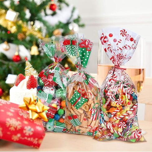 Outus 180 Pcs Christmas Cellophane Bags Candy Cookies Treat Bags Christmas Trees Santa Buffalo Plaid Snowflake Cello Gifts Bags with 200 Counts Twist Ties for Xmas Theme Party Supplies, 12 Styles in Saudi Arabia