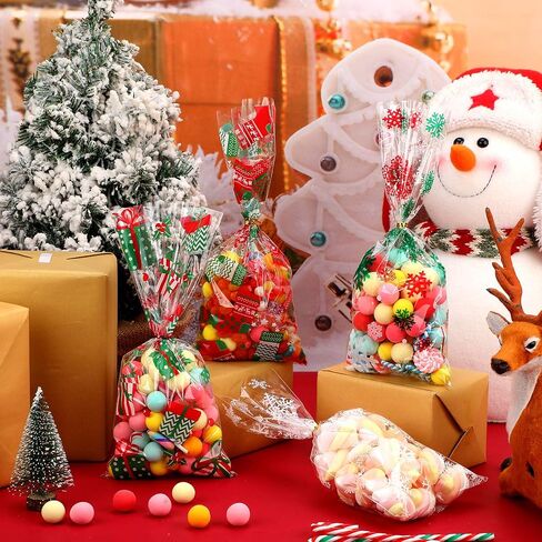 Outus 180 Pcs Christmas Cellophane Bags Candy Cookies Treat Bags Christmas Trees Santa Buffalo Plaid Snowflake Cello Gifts Bags with 200 Counts Twist Ties for Xmas Theme Party Supplies, 12 Styles in Saudi Arabia