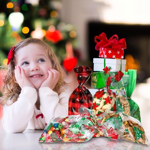 Outus 180 Pcs Christmas Cellophane Bags Candy Cookies Treat Bags Christmas Trees Santa Buffalo Plaid Snowflake Cello Gifts Bags with 200 Counts Twist Ties for Xmas Theme Party Supplies, 12 Styles in Saudi Arabia