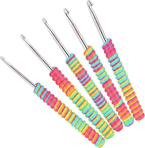 5 Sizes Crochet Hooks for Beginners 3.5mm(E)-6.0mm(J), Gradient Rainbow Ergonomic Grip for Arthritic, Extra Long Aluminum Crochet Needles, Ideal Crocheting Set Gift in Saudi Arabia