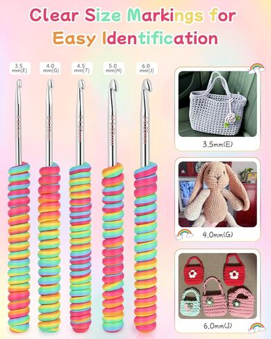 5 Sizes Crochet Hooks for Beginners 3.5mm(E)-6.0mm(J), Gradient Rainbow Ergonomic Grip for Arthritic, Extra Long Aluminum Crochet Needles, Ideal Crocheting Set Gift in Saudi Arabia