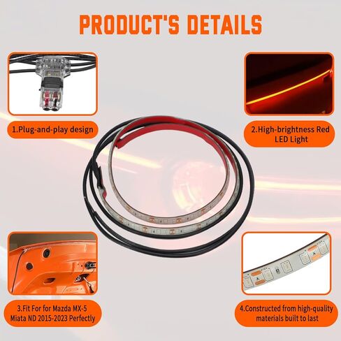 شريط إضاءة LED لغطاء الشاحنة لسيارة Mazda MX-5 Miata ND 2015-2023، لون أحمر مقاوم للماء وشريط إضاءة LED ساطع ليس لطراز 2024 فصاعدًا للتوصيل والتشغيل in Saudi Arabia