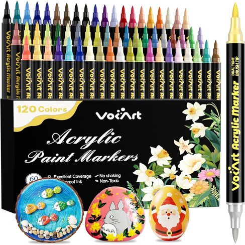 VOKART 60 Colors Acrylic Paint Markers - 30 Dual Brush Tip Paint Pens Including 2 Metallic Colors for Rock, Canvas, Fabric, Wood, Glass, Ceramic - Art Supplies for Artists, Kids, DIY & Holiday Decor in Kuwait