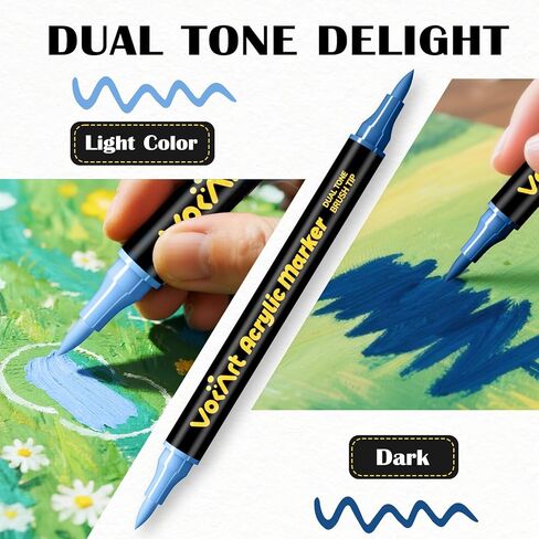 VOKART 60 Colors Acrylic Paint Markers - 30 Dual Brush Tip Paint Pens Including 2 Metallic Colors for Rock, Canvas, Fabric, Wood, Glass, Ceramic - Art Supplies for Artists, Kids, DIY & Holiday Decor in Kuwait