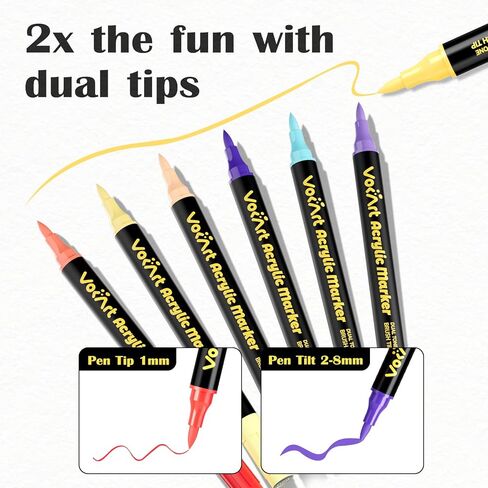 VOKART 60 Colors Acrylic Paint Markers - 30 Dual Brush Tip Paint Pens Including 2 Metallic Colors for Rock, Canvas, Fabric, Wood, Glass, Ceramic - Art Supplies for Artists, Kids, DIY & Holiday Decor in Kuwait