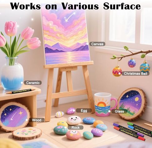 VOKART 60 Colors Acrylic Paint Markers - 30 Dual Brush Tip Paint Pens Including 2 Metallic Colors for Rock, Canvas, Fabric, Wood, Glass, Ceramic - Art Supplies for Artists, Kids, DIY & Holiday Decor in Kuwait