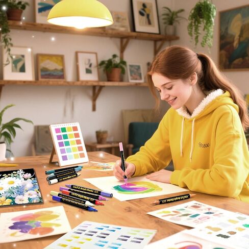 VOKART 60 Colors Acrylic Paint Markers - 30 Dual Brush Tip Paint Pens Including 2 Metallic Colors for Rock, Canvas, Fabric, Wood, Glass, Ceramic - Art Supplies for Artists, Kids, DIY & Holiday Decor in Kuwait