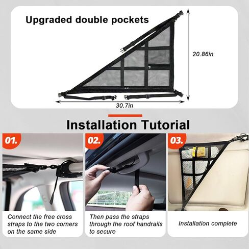 Car Ceiling Cargo Net Pocket, Double-Layer Mesh Strengthen Load Bearing Vehicle Roof Storage Organizer, Auto Interior Cargo Net with Zip Seal, Compatible with Three Handles Vehicle (Beige) in Saudi Arabia