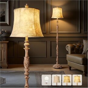 Scenekoy 68" Tall Floor Lamp with Wicker Drum Shade, Foot Switch Dimming | Tree Trunk Washed White Finish, Resin Farmhouse Rustic Standing Lamp with Bulb, Decor for Living Room Bedroom Reading Room in Kuwait
