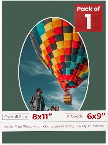 8x11 Mat Bevel Cut for 6x9 Photos - Precut Hunter Green Oval Shaped Photo Mat Board Opening - Acid Free Matte to Protect Your Pictures - Bevel Cut for Family Photos, Pack of 1 Matboard in Saudi Arabia