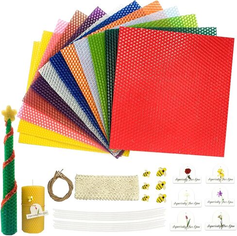 kissingfish Beeswax Candle Making Kit, Colored Beeswax Candle Sheets 12 Pcs, Full DIY Candle Making Kit Include 10 Cotton Candle Wicks,6 Bee Ornaments Decor, 50cm Lace, 6 Gift Tags with Paper Rope in Saudi Arabia