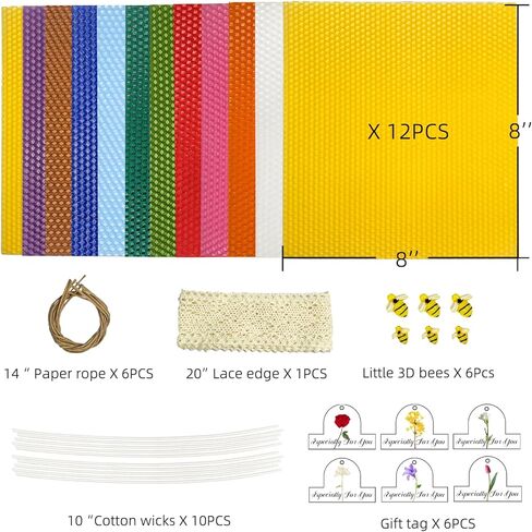 kissingfish Beeswax Candle Making Kit, Colored Beeswax Candle Sheets 12 Pcs, Full DIY Candle Making Kit Include 10 Cotton Candle Wicks,6 Bee Ornaments Decor, 50cm Lace, 6 Gift Tags with Paper Rope in Saudi Arabia
