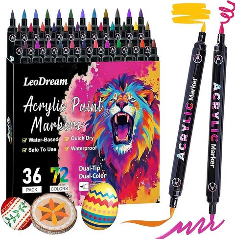 LeoDream 72 Colors Two-Color Dual Tip Acrylic Paint Markers Pens, 36 Pack Brush tip coloring markers for adults DIY Crafts Art Supplies Stocking Stuffers for Rock, Wood, Fabric, Glass, Christmas Gifts in Saudi Arabia